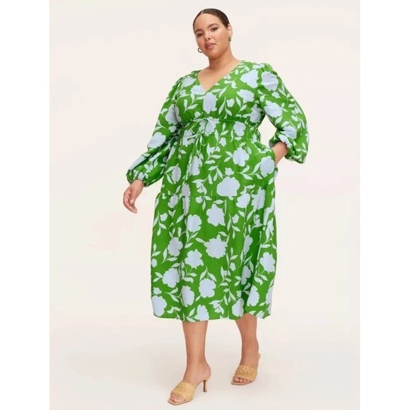 Women's 4X Classic Rose Linen Long Sleeve Maxi Dress - kate spade new Green‎ - Picture 1 of 4